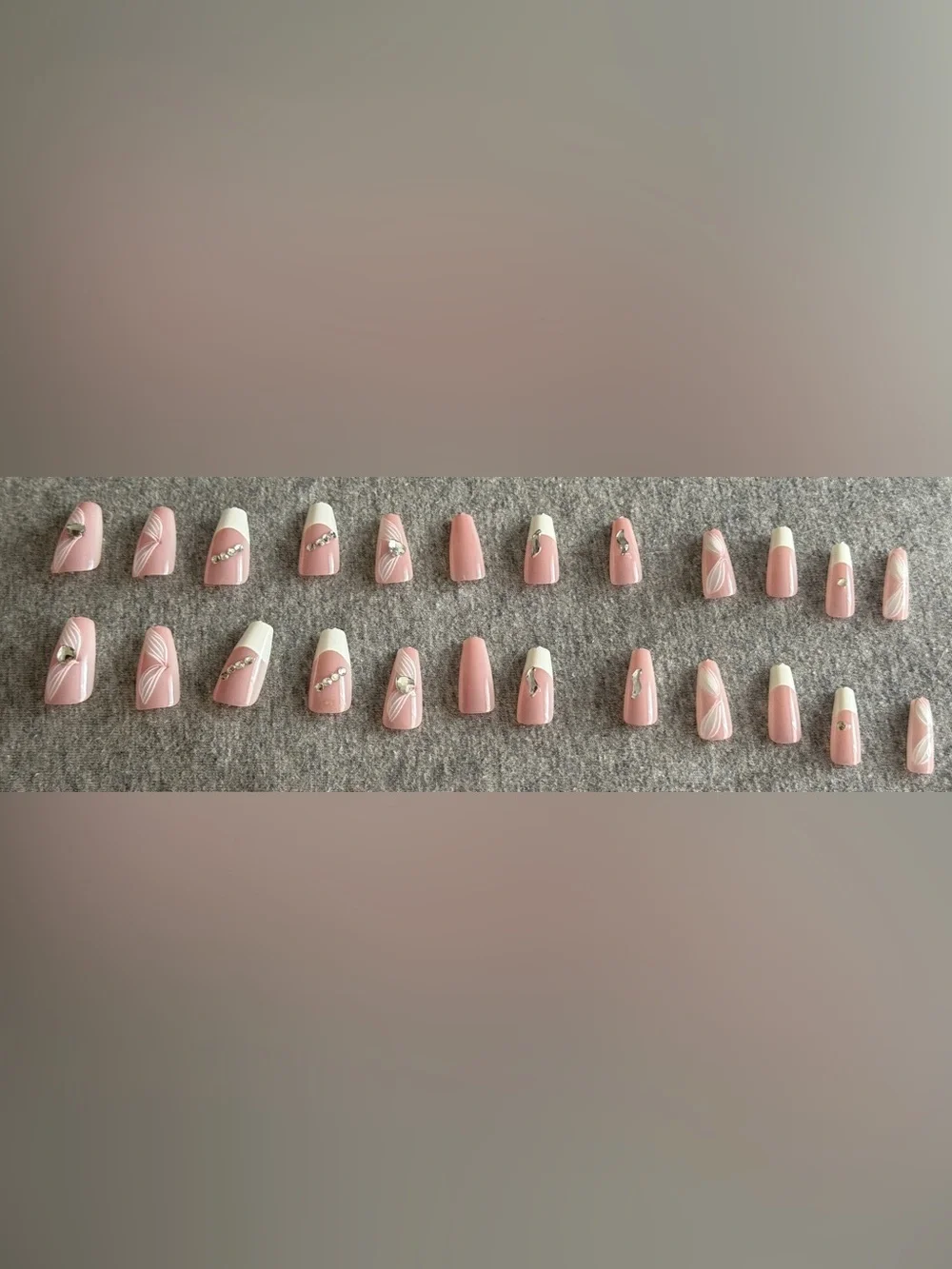 Elegant Pink & White Rhinestone Press-On Nail Set